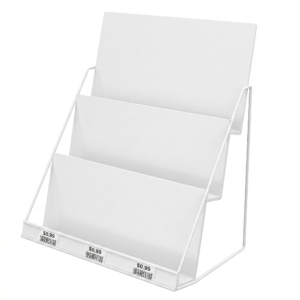 Hablador escalonado para revistas y catalogos con estructura metalica de acero para exhibicion organizada en salas de espera y retail.