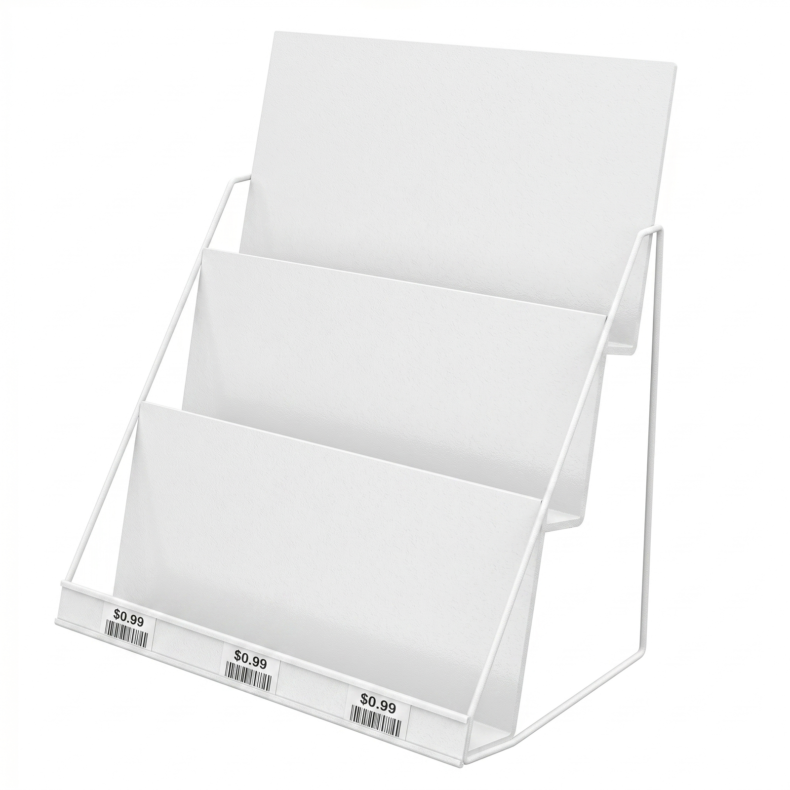 Hablador escalonado para revistas y catalogos con estructura metalica de acero para exhibicion organizada en salas de espera y retail.