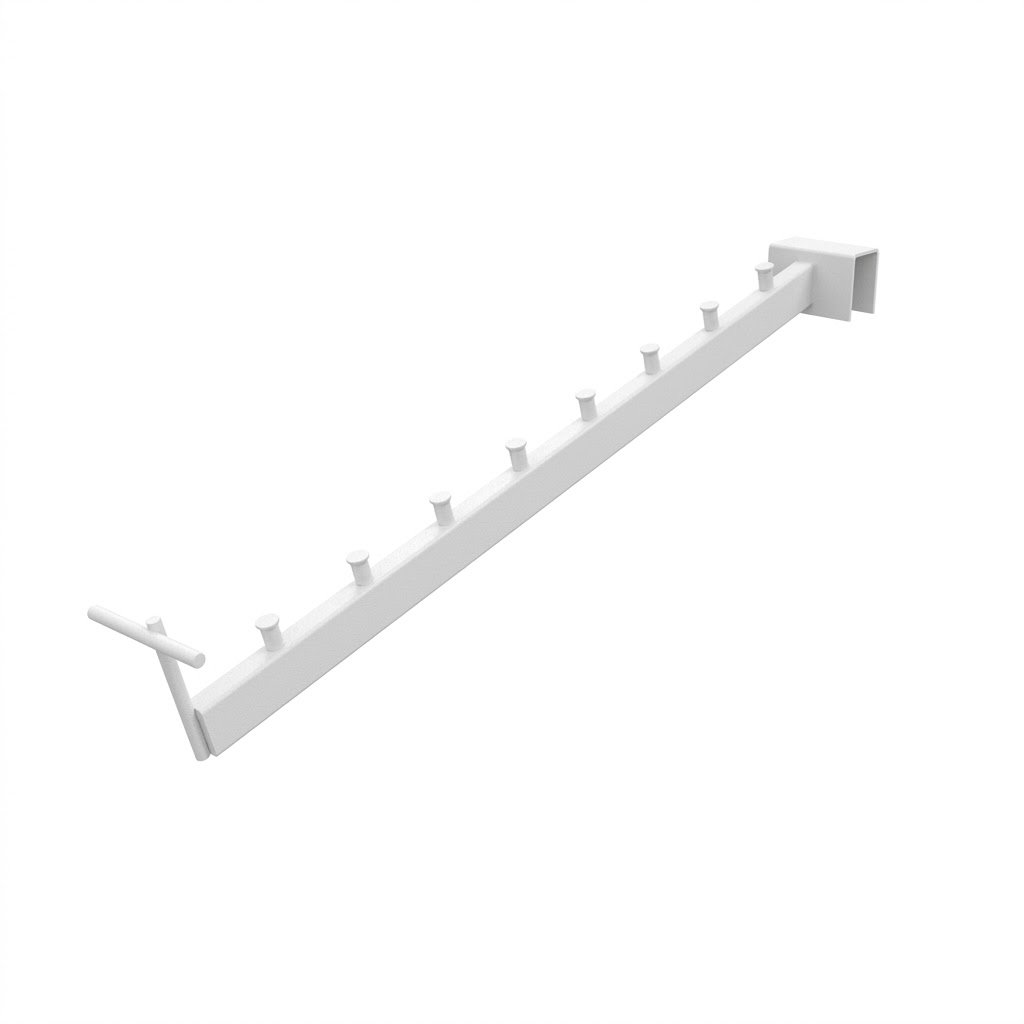 Flauta metalica porta ganchos con tope para panel ranurado retail.