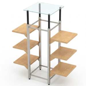 Exhibidor Central Metálico con Repisas en Madera y Vidrio | Mueble Retail Premium para Punto de Venta