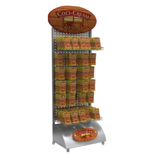 Exhibidor de Piso Metálico con Panel Perforado y Portagráfica | Display POP para Punto de Venta