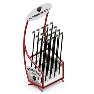 Exhibidor Metálico para Palos de Golf con Portagráfica | Display POP Deportivo para Punto de Venta