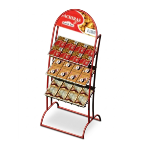 Exhibidor de Piso Metálico con Bandejas Inclinadas y Portagráfica | Display POP para Retail y Supermercados