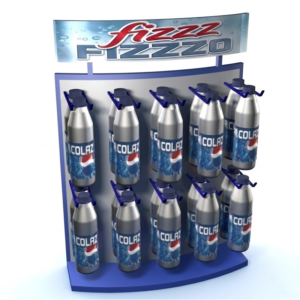 Exhibidor de Piso con Ganchos Metálicos y Portagráfica | Display POP para Bebidas y Productos Colgantes