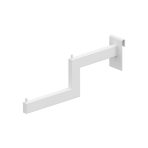 Soporte metalico con pines de retención para panel ranurado slatwall en exhibición de accesorios.