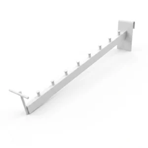 Flauta con soporte portaprecio para rejilla metalica con pines de retencion para exhibicion comercial de productos colgantes.