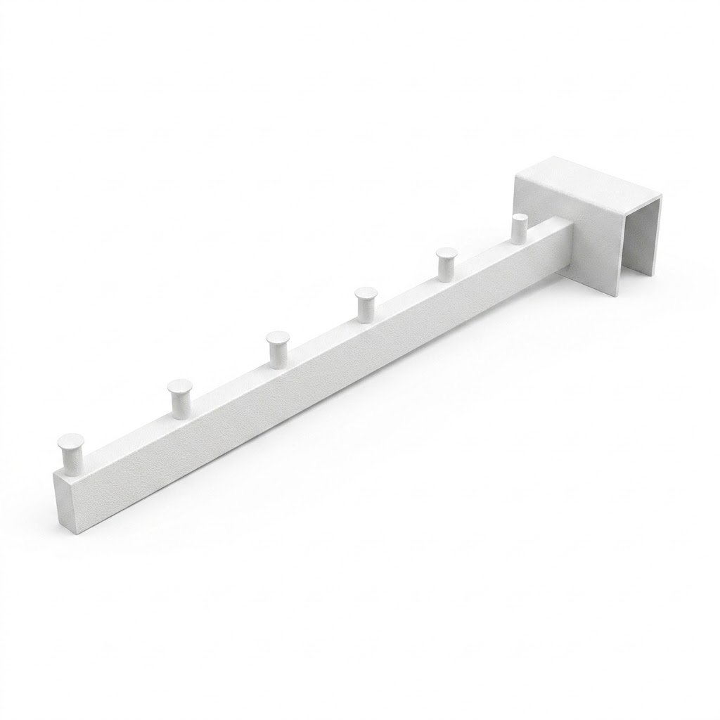 Flauta recta con perfil tubular tipo caja y pines de retencion para exhibicion comercial de carga pesada en tiendas de retail.