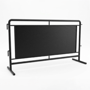 Valla con lamina de tubo de acero negra con ganchos de conexion lateral y base estable para cerramiento modular de eventos y publicidad.