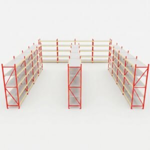 Estantería semipesada para bodegas con estructura modular metálica en colores rojo y gris para almacenamiento industrial B2B, fabricada en acero por COCS Grupo Diseño.