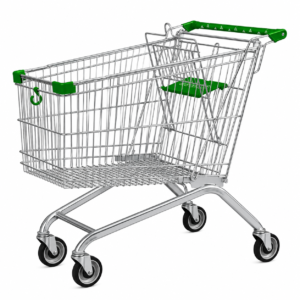 Carro de compras metálico de 180 litros con estructura de acero y acabado en recubrimiento en polvo electrostático, fabricado por COCS Grupo Diseño